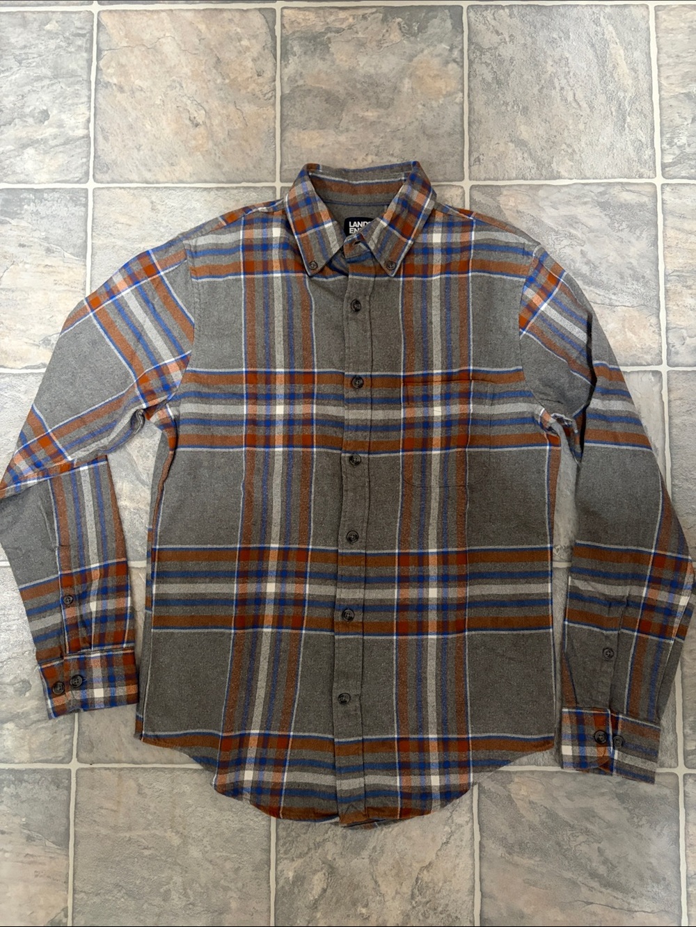 Lands' End Gray Plaid Button-Down with Brown and Blue Stripes